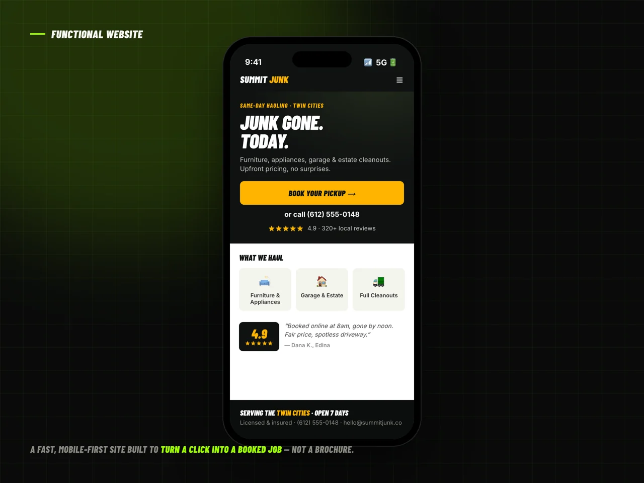 A mobile-first junk-removal website with a Book Your Pickup button