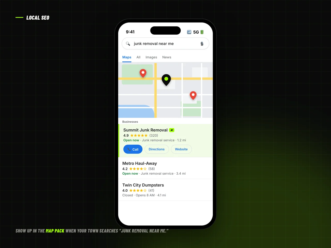 A Google map pack ranking the business #1 for junk removal near me