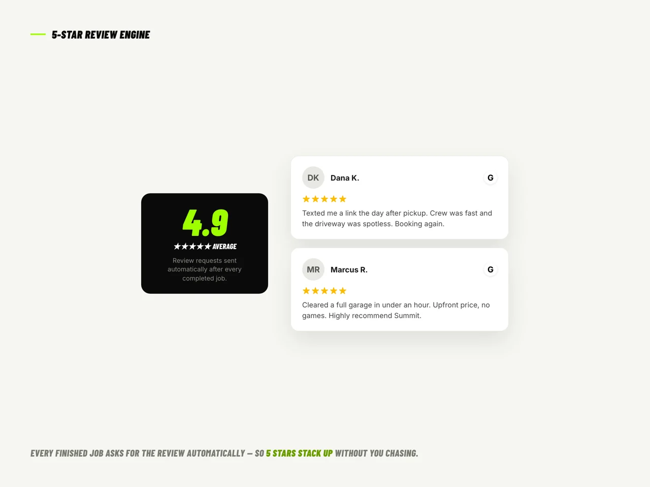 A 4.9-star average with a wall of five-star Google reviews