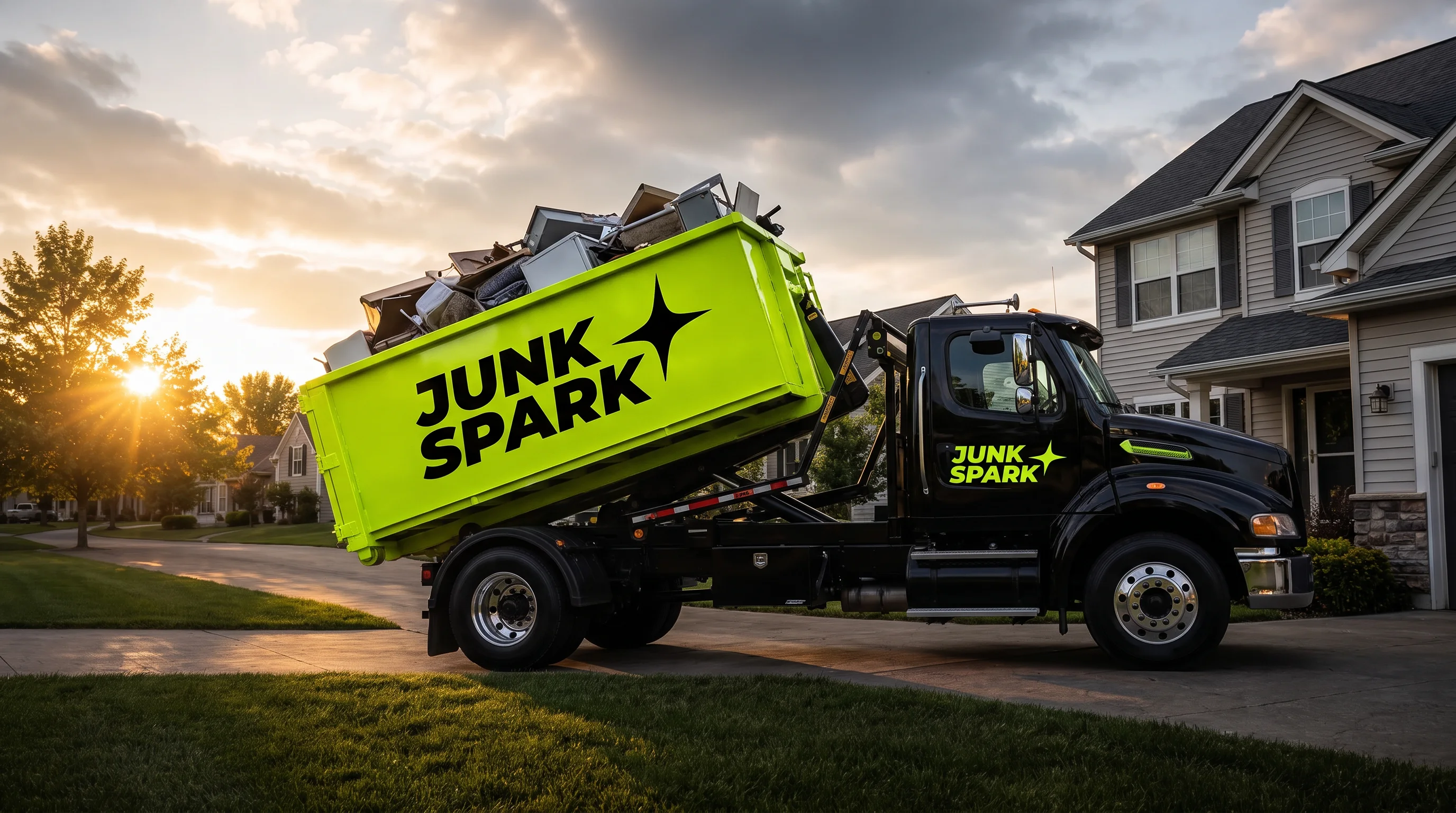 A branded Junk Spark truck tipping a full lime dumpster in a driveway at golden hour