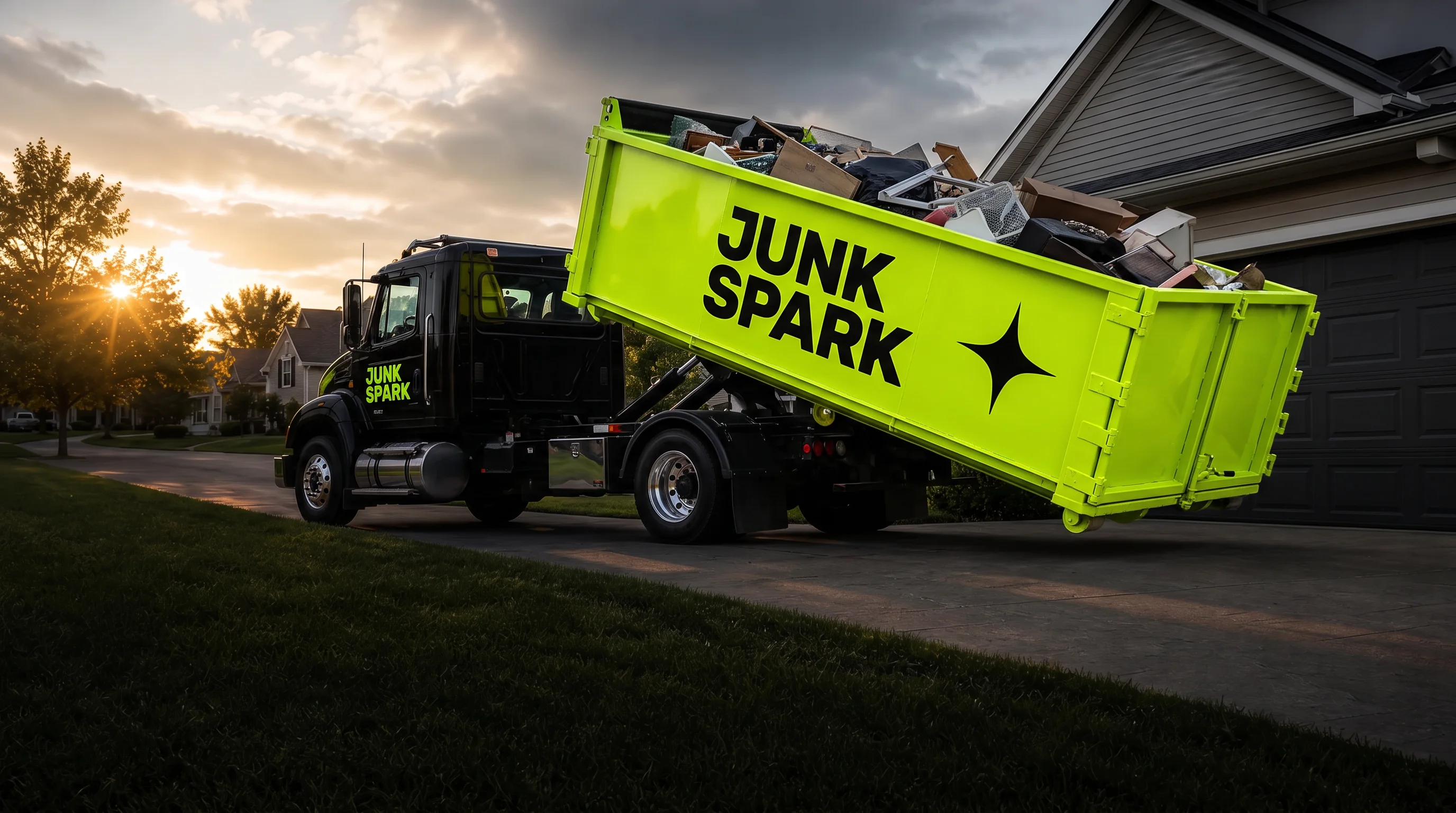 Junk Spark branded dump truck on a job site