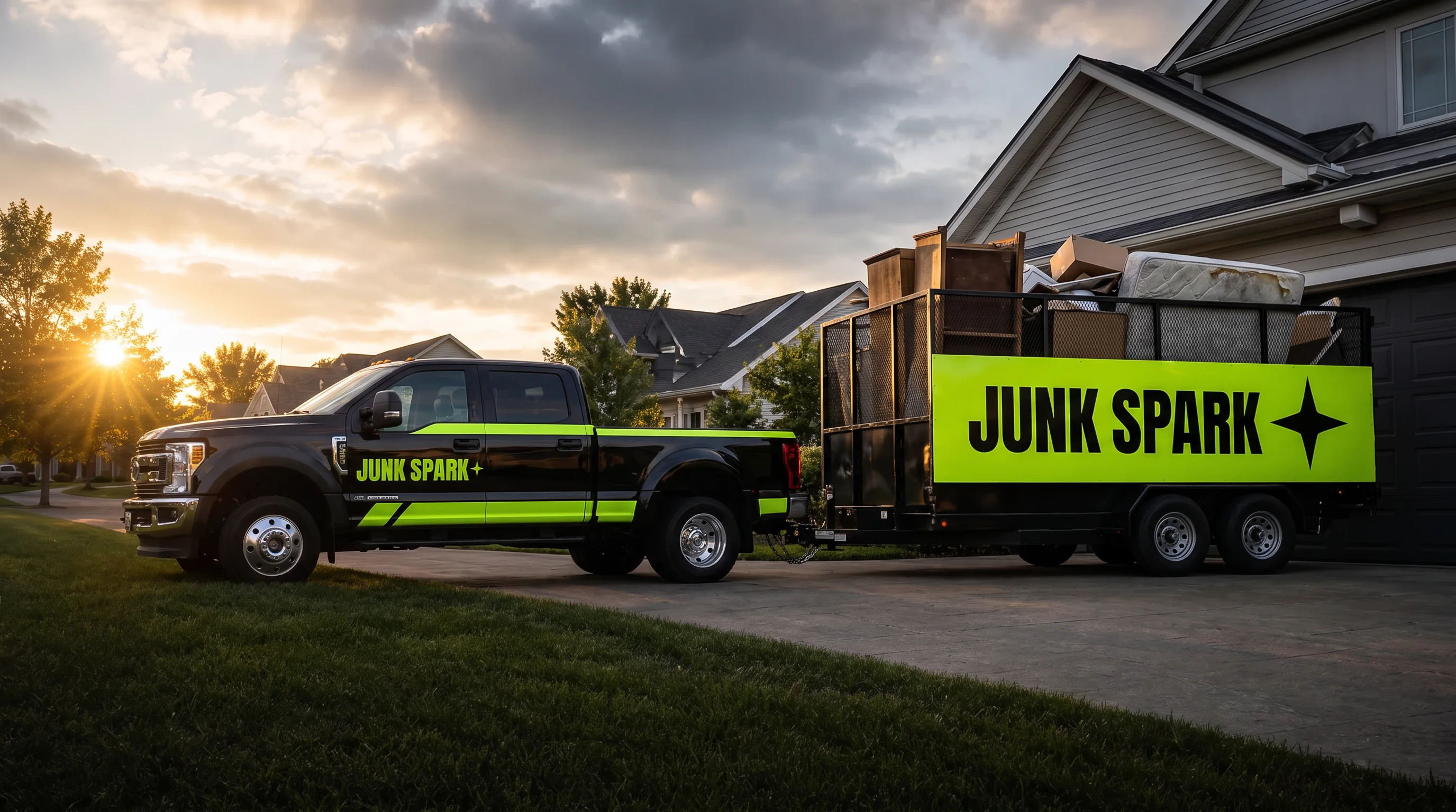 A branded Junk Spark truck on a job in a residential driveway